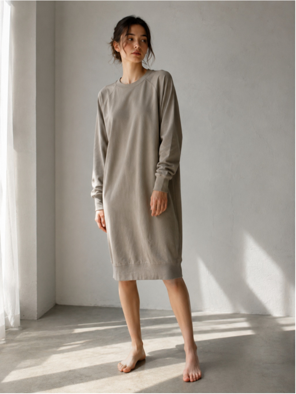Paper Label Long Sleeve Beige Lounge Dress Cozy Midi Oversized Size XS